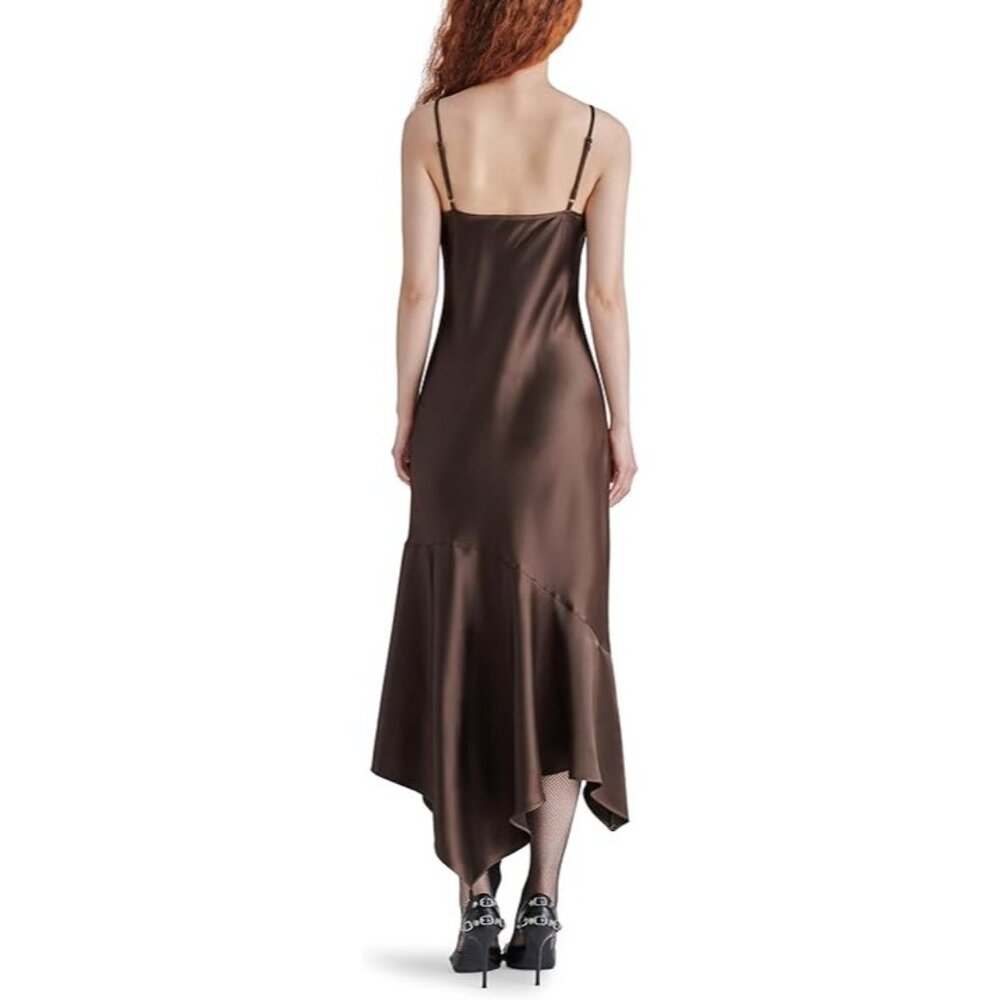 Steve Madden Brown Satin Asymmetric Slip Midi Dress - Picture 11 of 14